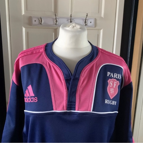 Adidas Paris SF Rugby Jersey Size 2XL Ladies Navy Blue Pink Climacool Logo - Picture 2 of 10